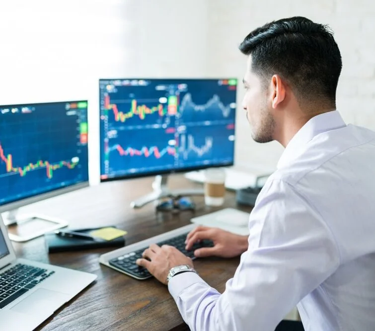 An individual analyzes charts on a computer screen